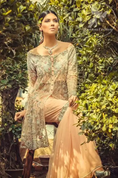 Peach Front Open Shirt with Gharara
