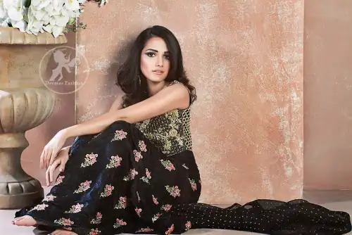 Black Embroidered Blouse Skirt - Banarsi Dupatta