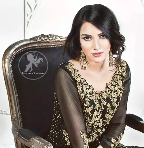 The Black semi-formal shirt features beautiful lovely embellishments on the neckline. Sequins spray scattered all over the front and back.