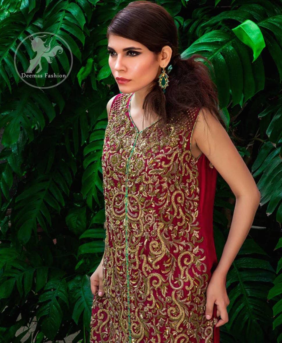Deep Red Bridal Shirt - Turquoise Jamawar Sharara