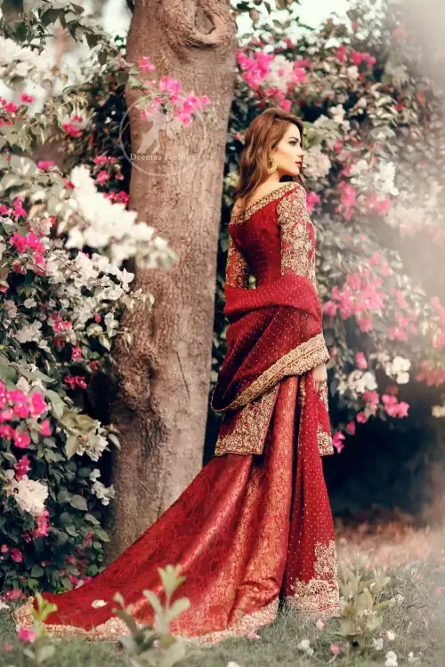 Deep Red Fully Embroidered Shirt - Back Trail Lehenga - Bridal Dupatta