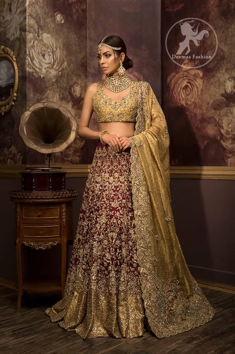 Designer Wear Bridal Collection 2017 - Dusty Gold Maroon Lehenga Choli