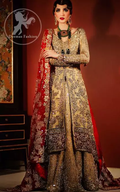 Golden Front Open Back Trail Gown - Bridal Lehenga - Deep Red Dupatta