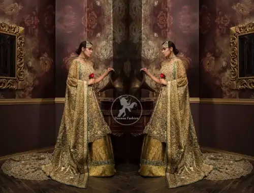 Front open back trail gown comes with lehengha and dupatta.