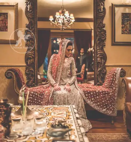 Light Gray Bridal Maxi - Pinkish Red Dupatta