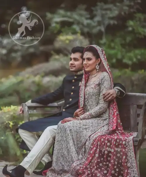 Light Gray Bridal Maxi - Pinkish Red Dupatta