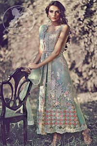 Mint Green Front Open Bridal Gown - Embroidered Dupatta
