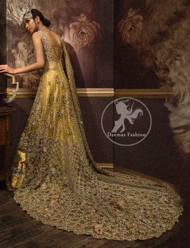 Designer Dress 2017 - Golden Front Open Back Trail Gown - Bridal Lehenga 