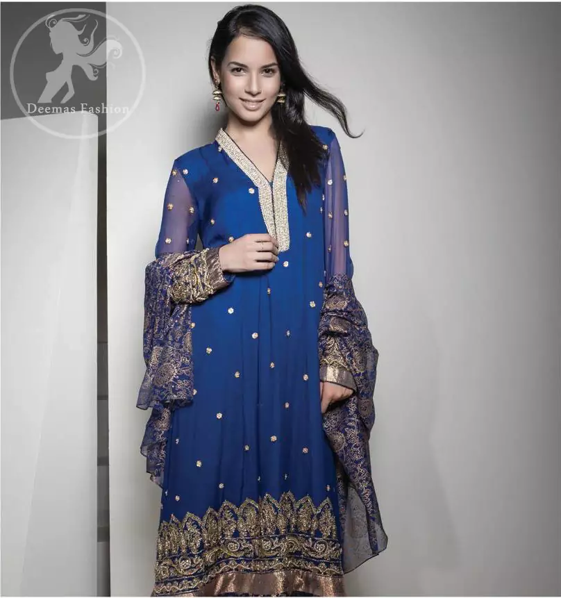 Royal Blue Embroidered Frock has been adorned with an embellished neckline. Frock contains a large embroidered border at the bottom.