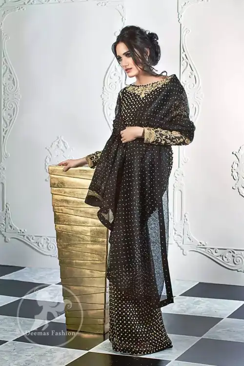 Stylish Black Party Wear Short Shirt - Palazzo Pants - Jamawar Dupatta