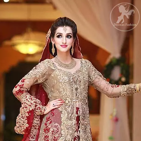 Bridal Wear Sharara - Light Fawn Front Open Gown - Deep Red Sharara