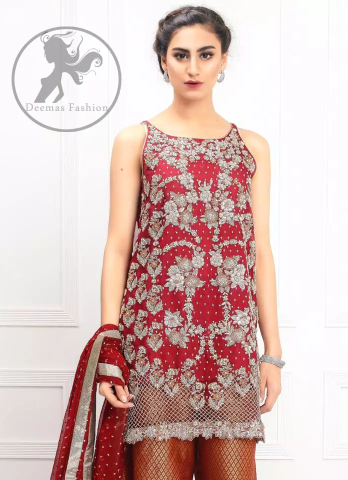 Bridemaid Dresses - Deep Red Embroidered Short Shirt - Rust Jamawar Palazzo