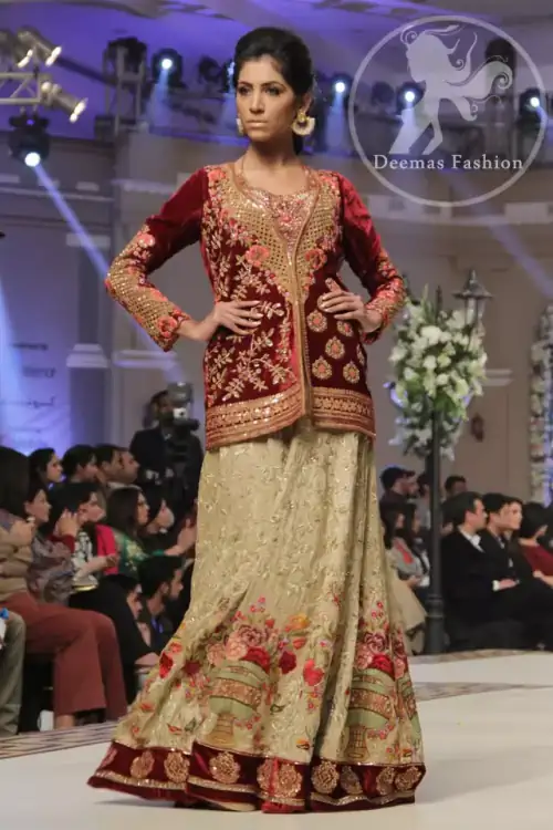 Designer Dress 2017 - Maroon Front Open Short Shirt - Beige Lehenga