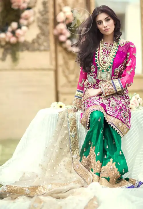 Mehndi Dresses 2017 - Shocking Pink Shirt - Bottle Green Sharara - Beige Dupatta