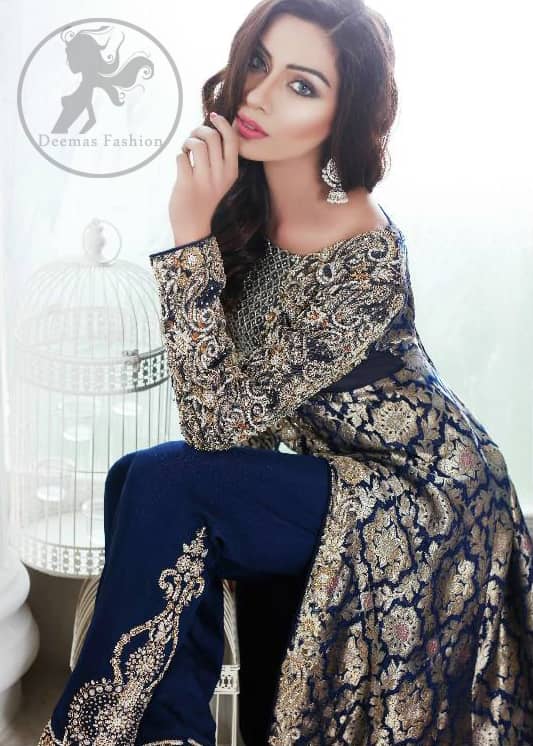 Navy Blue Front Open Back Trail Gown - Embroidered Cigarette Pants
