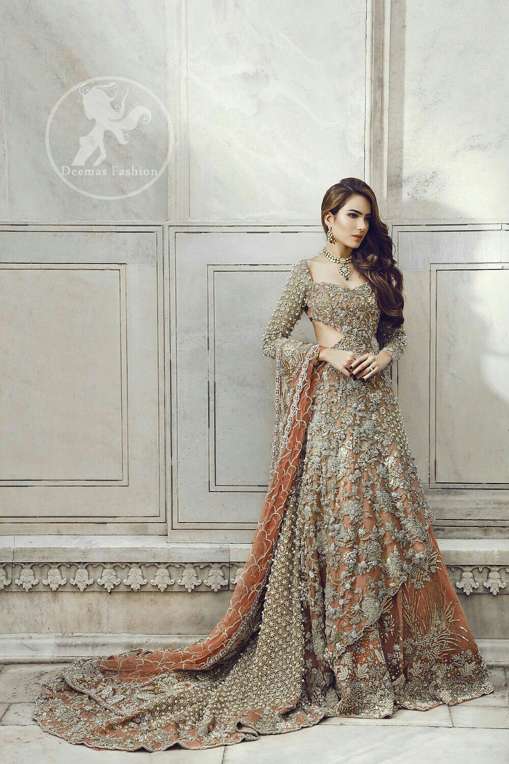 Pakistani Bridal Dress - Peach Back Train Maxi ...