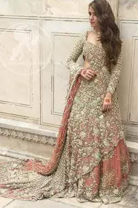 Pakistani Bridal Dress - Peach Back Trail Maxi- Embroidered Lehenga