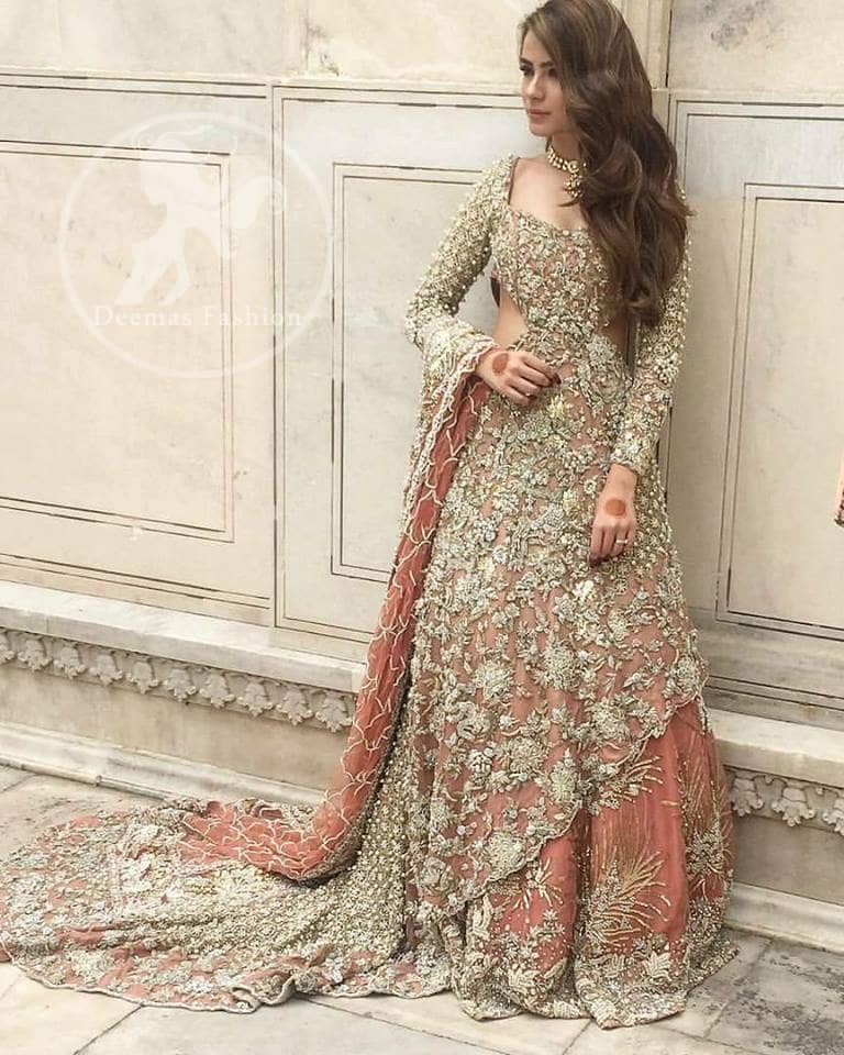 Pakistani Bridal Dress - Peach Back Train Maxi ...