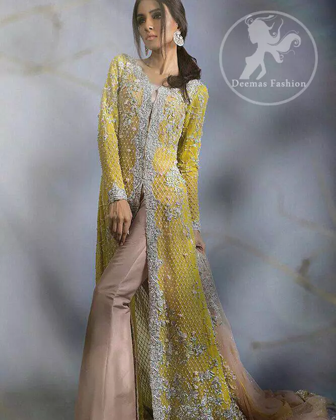 Mehndi Mayon Dresses 2017 - Yellow Front Open Gown - Beige Bell Bottom