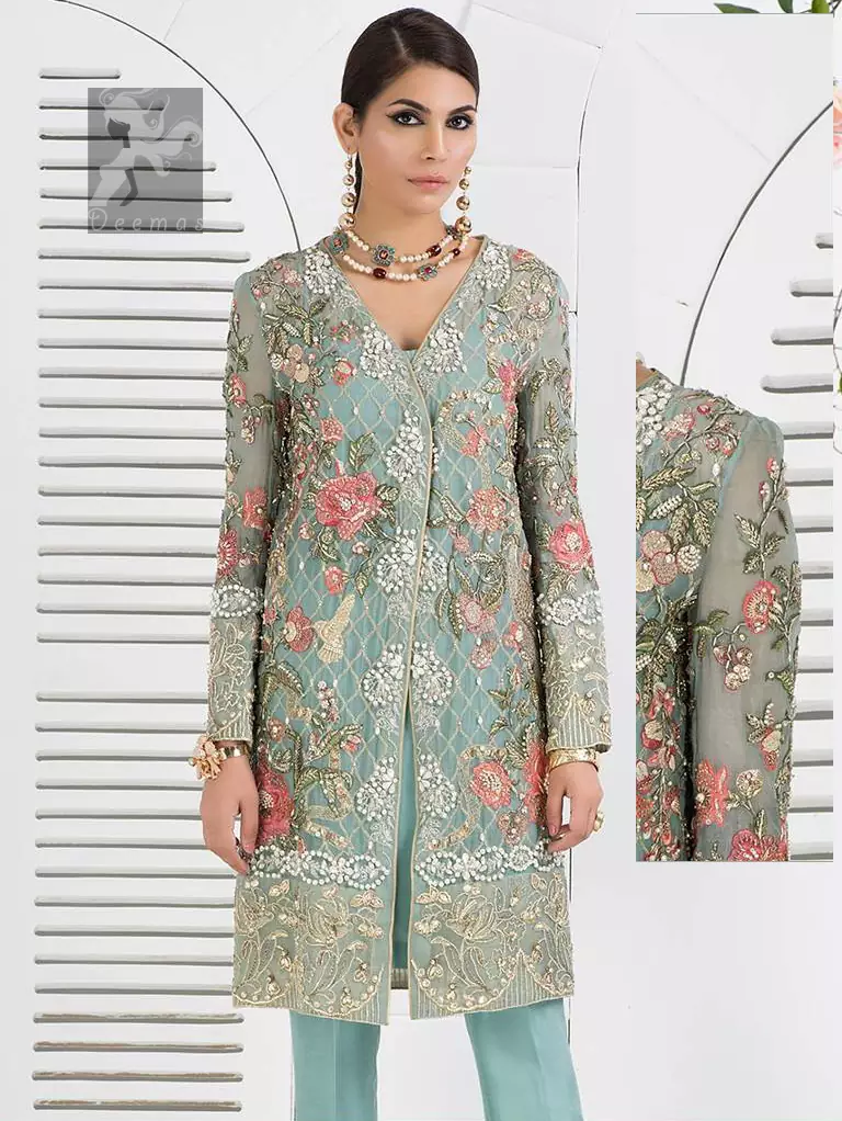 Cascade embroidered chiffon without slits shirt adorned with colorful embellishment. Shirt comes with Opal raw silk trousers and pure crinkle chiffon dupatta.