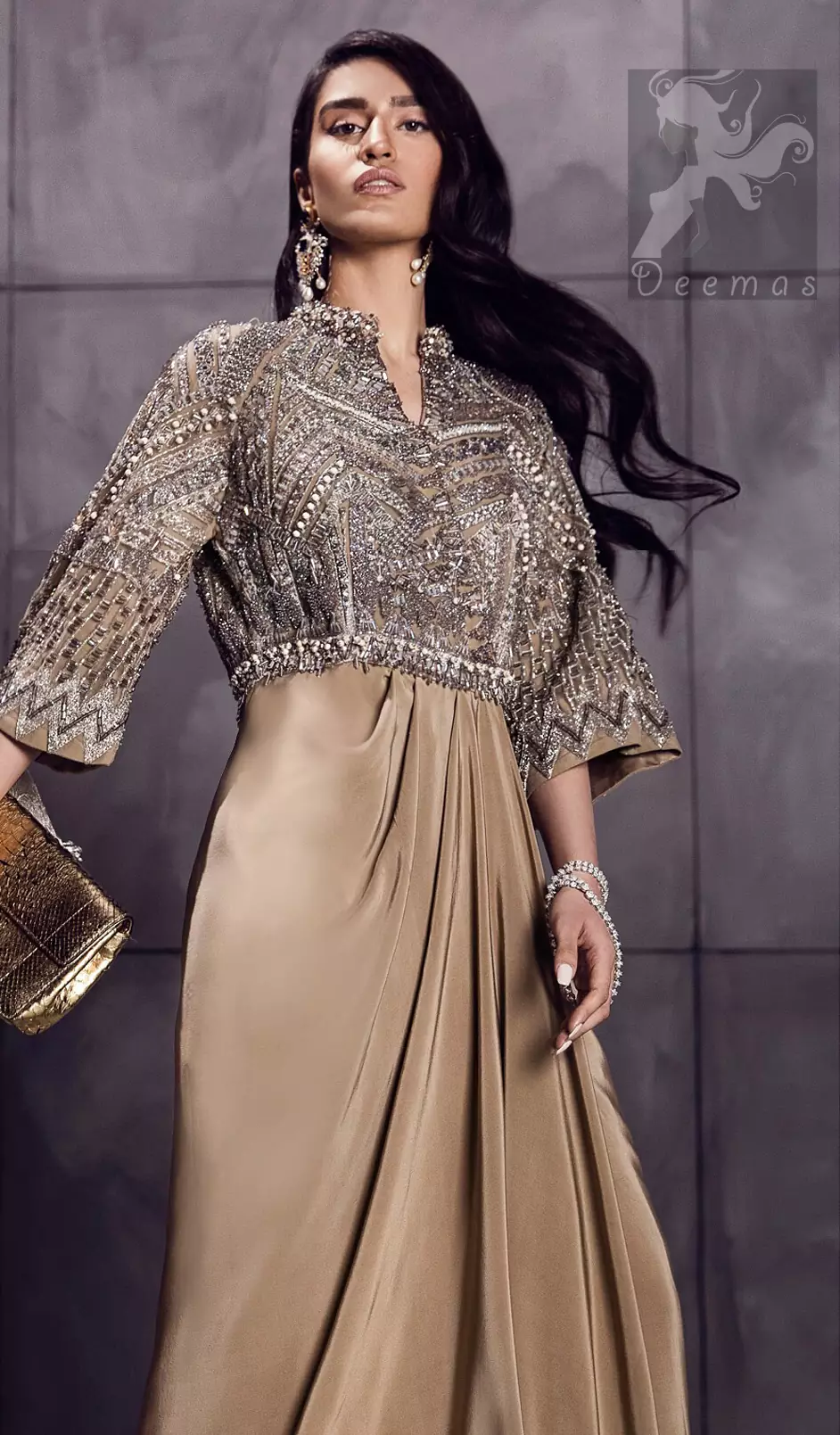 Fawn brown silky maxi has embellished bodice and sleeves. Bodice and sleeves have been embellished with dark gray embellishment and ivory pearls. 