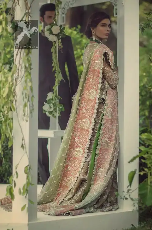 Fawn short length peplum made with net having embellished belt on waist. Large embellished border having peach appliqued on dupatta.