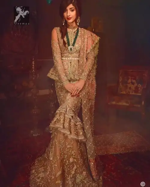 Fawn short length peplum made with net having embellished belt on waist. Large embellished border having peach appliqued on dupatta.