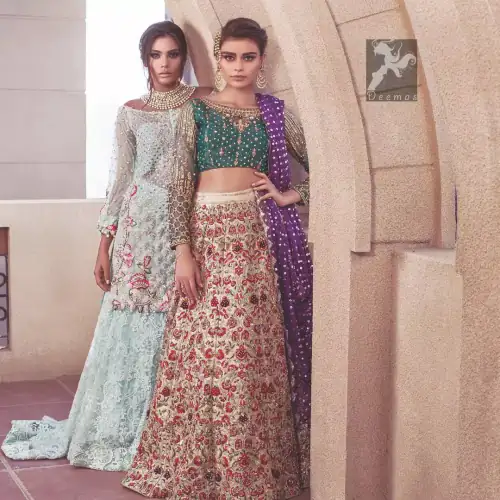 Sweetheart neckline pure crinkle chiffon shirt adorned with embellishment. Embellishment includes majorly light golden, silver, shocking pink and mehndi green