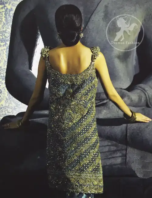 Bluish Slate Gray velvet shirt has been adorned with antique shades of embellishment.Embellished 3d motifs has been applied on shoulders.