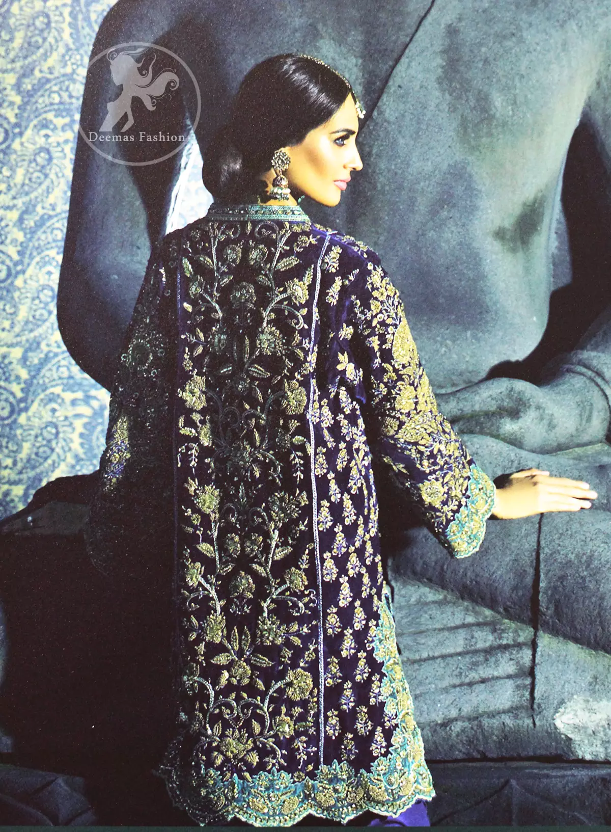 This classic shirt is reflecting exuberant colours. Kurta style shirt meticulously highlighted with antique kora, dabka, pearls and sequins. It has silhouettes adorned with neckline. This shirt is decorated with front and back panels having gorgeous floral embroidery. Shirt is fully scalloped, artfully coordinated with delicate embroidered pajama. It comes with chiffon dupatta decorated with sequins spray all over.