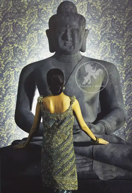 Bluish Slate Grey heavily embellished shirt is decorated with dull golden, champagne and antique shades of embroidery. The shoulders is