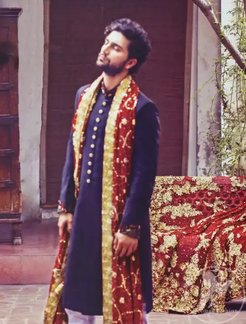 Frock having intricately embellished brown bodice and deep red frock embellished with tea pink, golden and brown shaded kora, dabka,