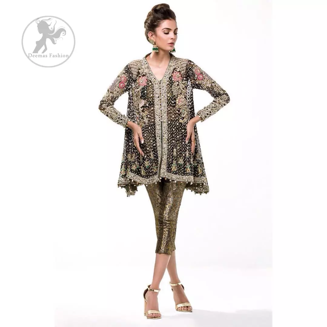 This classic forest black peplum style shirt is meticulously highlighted with dull golden kora, dabka,tilla, sequins and pearls.