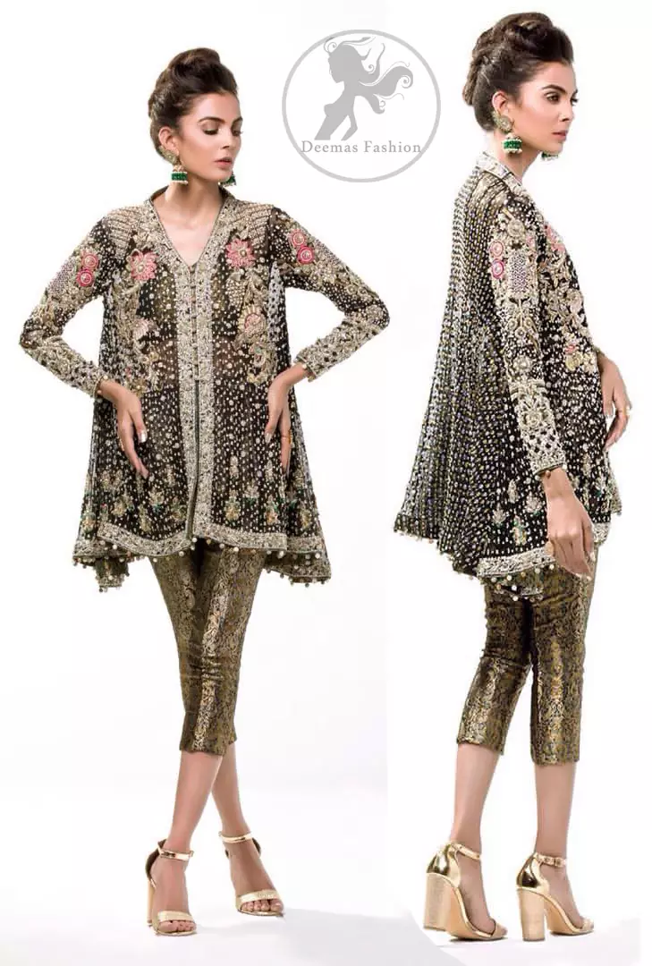 This classic forest black peplum style shirt is meticulously highlighted with dull golden kora, dabka,tilla, sequins and pearls.