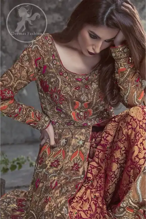 Dark Fone Brown Front Open Double Layer Frock Maroon Flush Dupatta