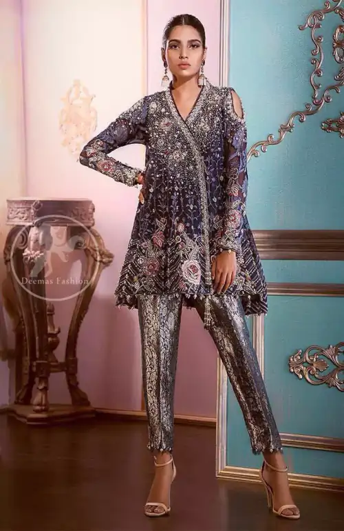 Manchester Blue Angrakha Style Short Frock Brocade Trousers
