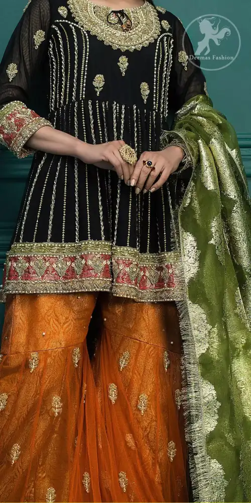 Wood Smoke Shirt Brown Bramble Sharara Thatch Green Dupatta