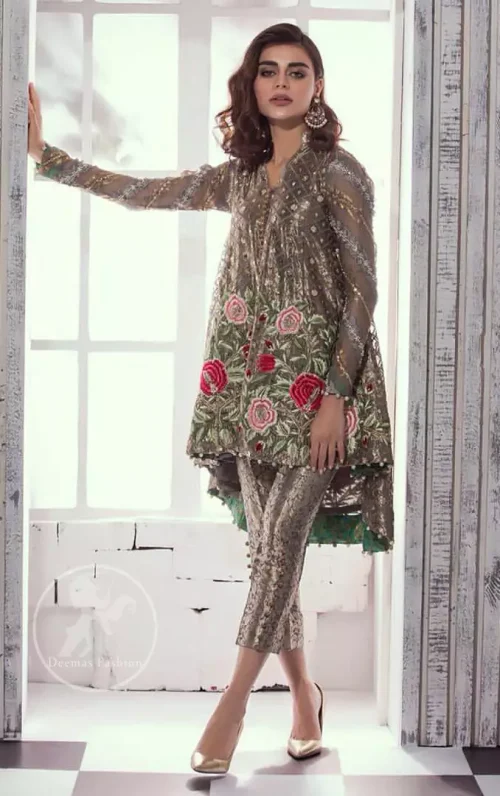 This classic dark gray peplum style back trail is meticulously highlighted with dull golden, gray, antique shaded kora, dabka, tilla,