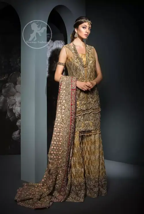 This dress is beautifully sculptured with floral embroidery. It is meticulously highlighted with antique shaded kora, dabka, tilla, sequins and