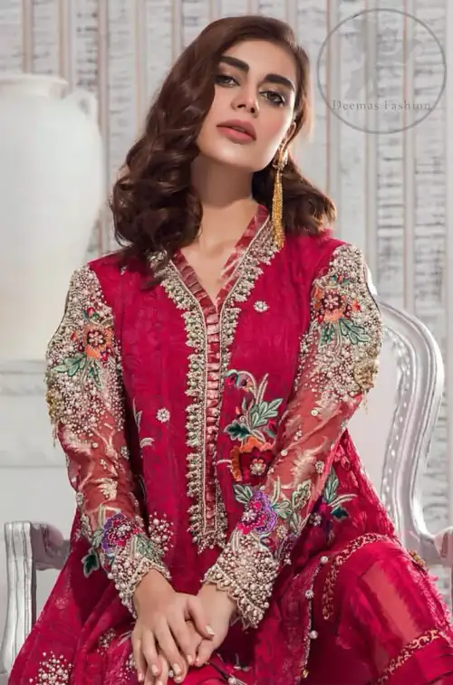 This outfit is embellished with resham thread. It is meticulously highlighted with kora dabka tilla sequins and pearls. Sleeves are