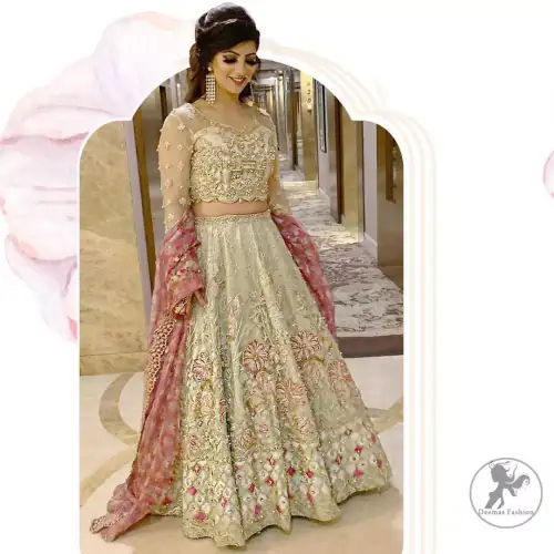 This dress is adorned with floral embroidery, highlighted with kora, dabka, tilla, sequins and pearls. It is allured with intricate