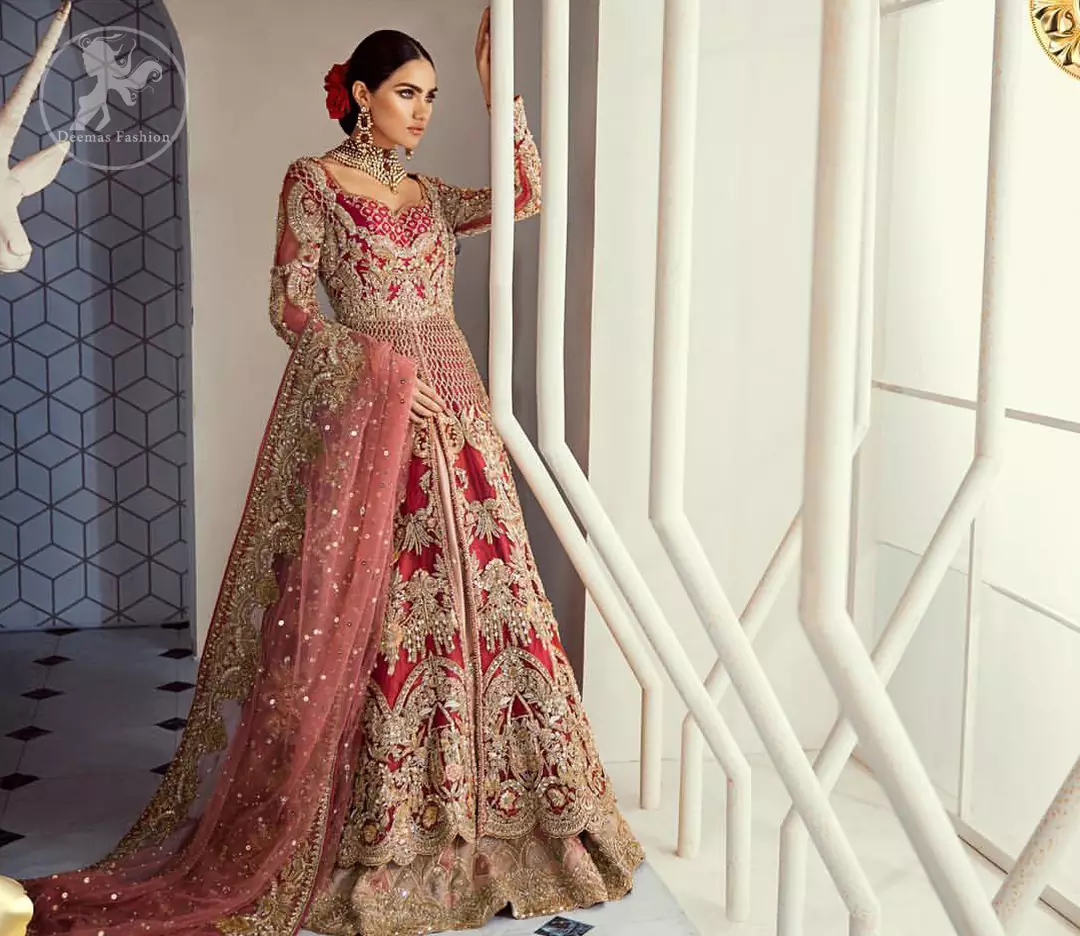 This bridal dress is perfect for your special day. Beautifully decorated with floral embroidery and embellished scalloped border. It is adorned with kora, dabka, tilla, sequins and pearls. It comes with an exquisite lehengha with thick embroidered border to give it a regal look. Dupatta comprises of floral thread embroidery allured with thick embellished border.