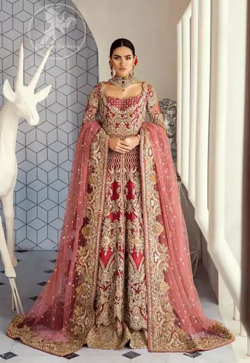 This bridal dress is perfect for your special day. Beautifully decorated with floral embroidery and embellished scalloped border. It is