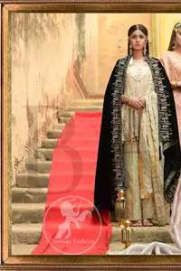 This outfit is beautifully sculptured with floral embroidery. It is further enhanced with kora, dabka, tilla, sequins and pearls. The daaman is emphasized with intricate details that gives perfect ending to this peplum. It is coordinated with straight trousers embellished with embroidery. The banarsi jamawar dupatta has scattered sequins all over. It is finished with jamawar piping all around the edges. It is allured with black embroidered shawl which adds to the look.