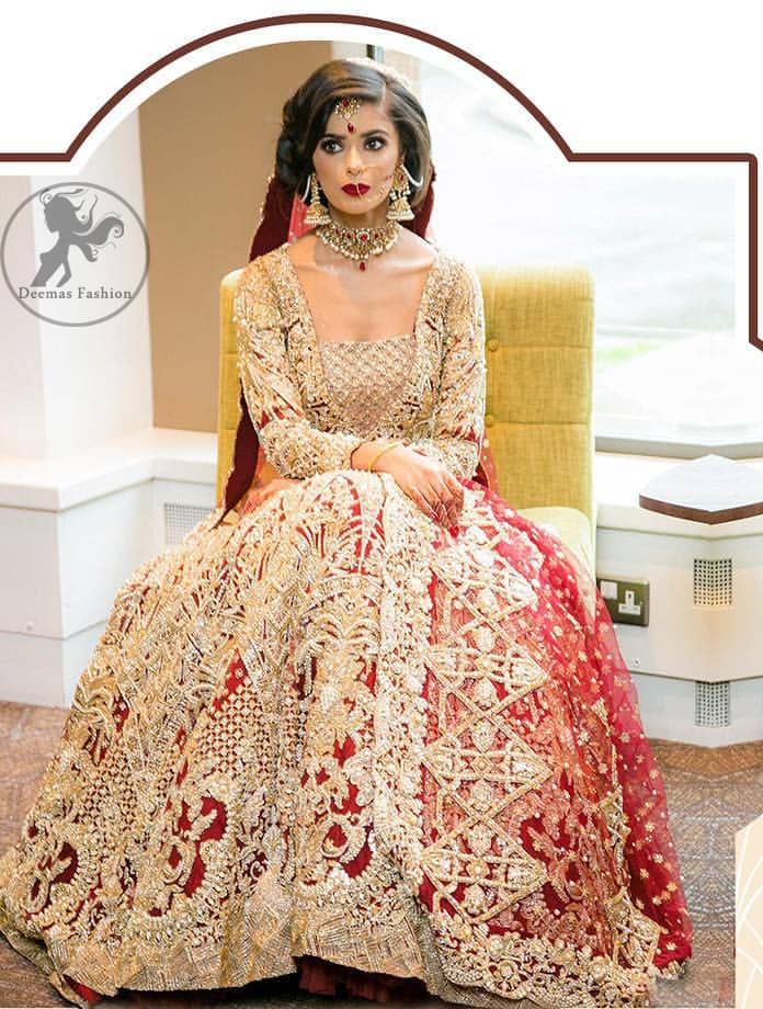 This dress is beautifully decorated with heavy embroidery. It is highlighted with dull golden kora, dabka, tilla, sequins and pearls. Fish lehengha is fully embellished.Blouse is scalloped. It comes with beautifull upper gown, sprinkled with sequins all over it. It is coordinated with chiffon dupatta which is sprinkled with sequins all over it.