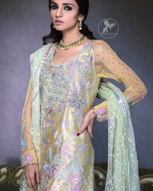This dress is beautifully decorated with heavy embroidery. It is highlighted with dull golden kora, dabka, tilla, sequins and pearls.