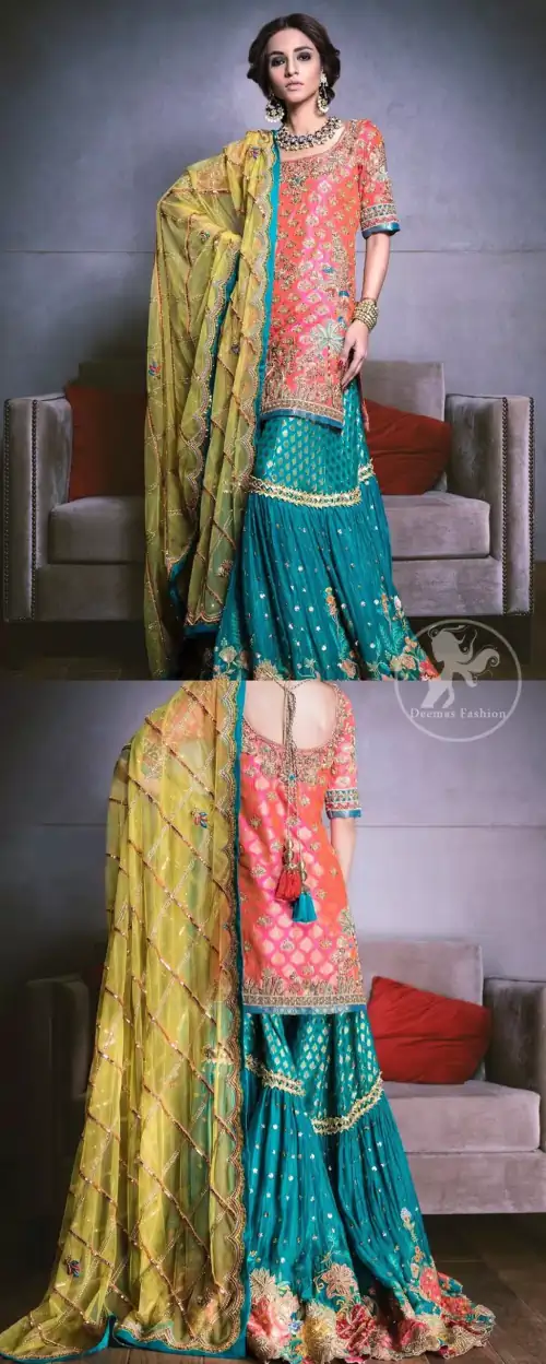 Our tea rose shirt with exquisite embellished neckline and back neckline in kora, dabka sequins and intricate thread work. The