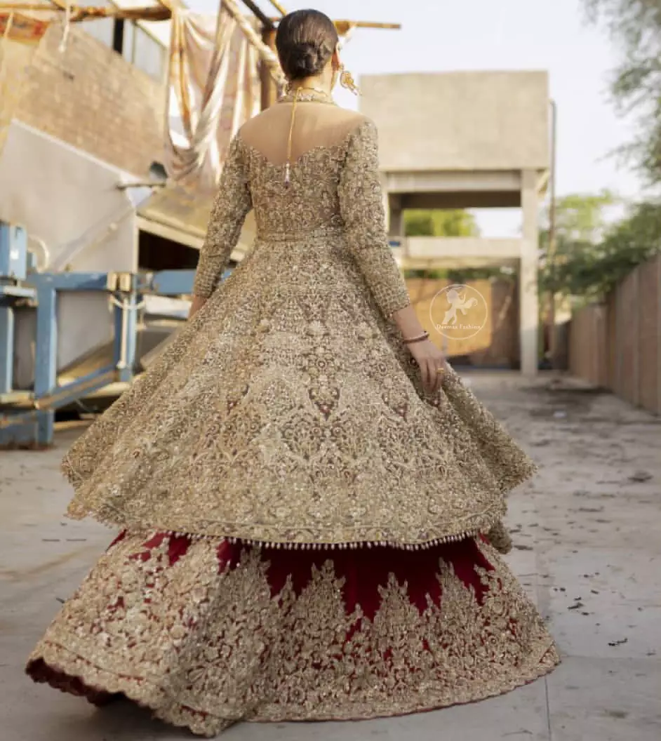 Pakistani Wedding Dress Peach Front Open Short Frock - Lehenga