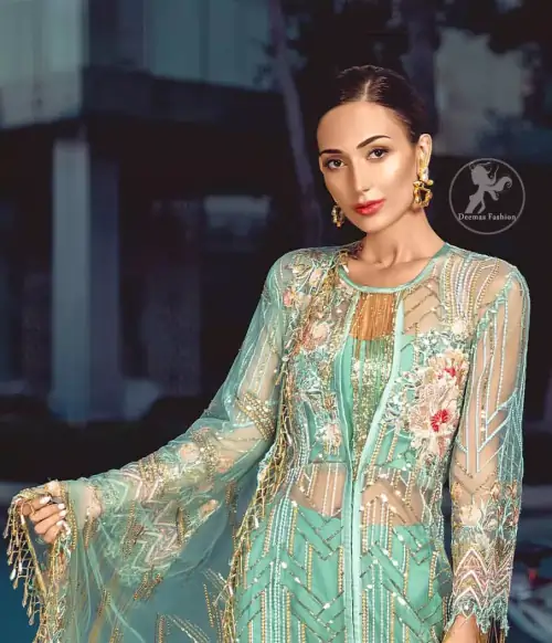 A must have creation for day to evening wear. Reflecting exuberant color play in this ethereal piece meticulously highlighted with