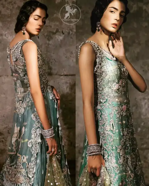 Delicately crafted and personifying chic elegance with an element of grandiose. Heavily embellished in the front with intricate embroidered pattern